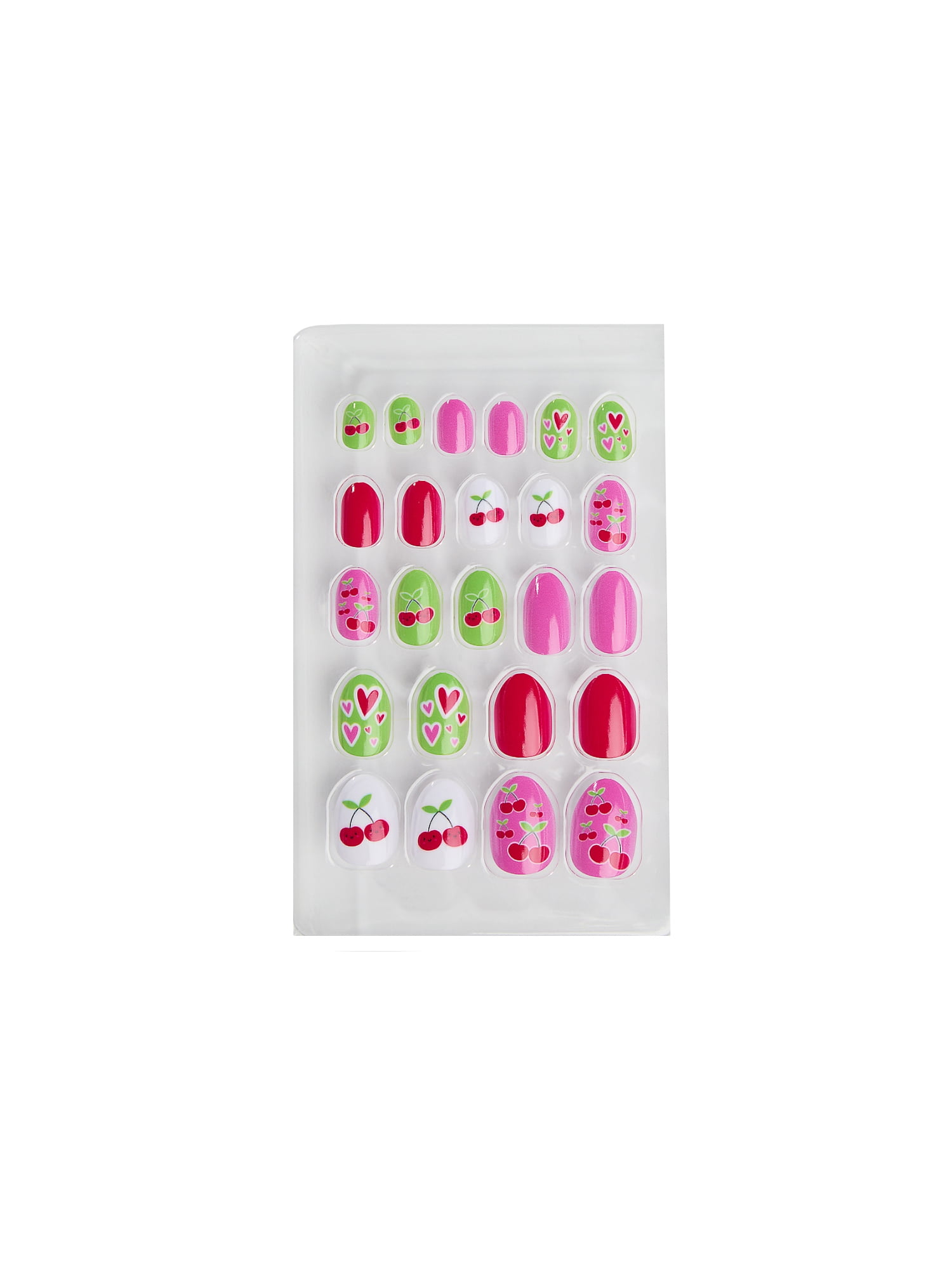 Claire's Cherry Heart Print Oval Shaped Press-on Nails, 24 Nails