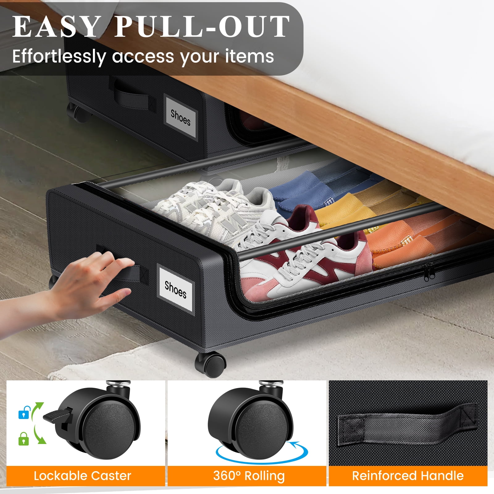 Under Bed Storage with Wheels, 2 Pack Under Bed Storage Containers with Clear Lids & Dividers, Underbed Storage Organizer & Underbed Storage with Wheels for Clothes, Blankets, Shoes