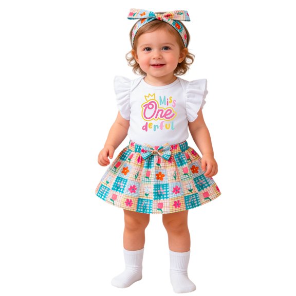 Yuncity Girls Romper Outfit Flutter Sleeve Floral Plaid Skirt Birthday Themed Bodysuit Sleeves Coordinating Hairpiece Onesie 3 Piece Outfit Sets Size 1-3 Monthss