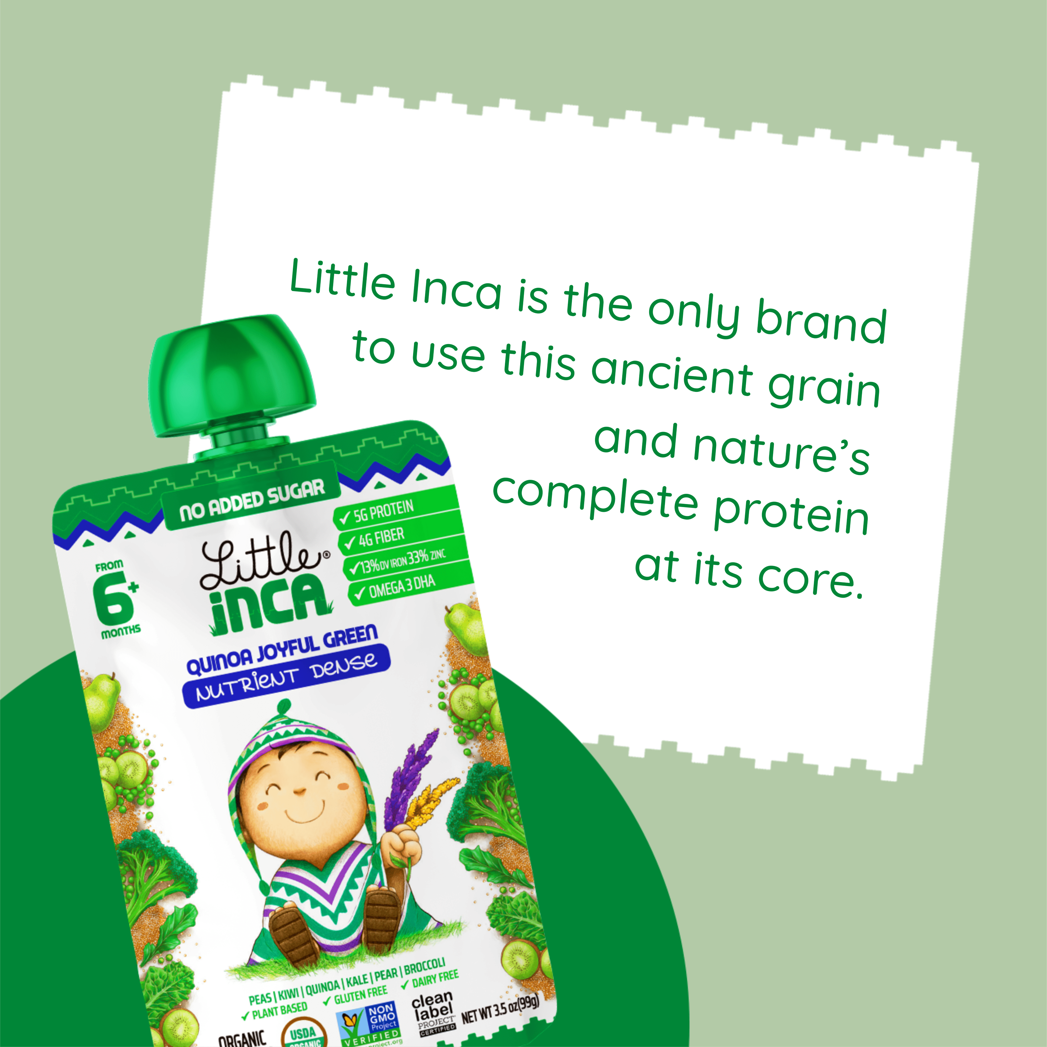 Little Inca Stage 2 Baby Food Pouches, Quinoa Joyful Green Baby Puree, Plant Based High Protein, Dairy-Free, 6 x 3.5oz