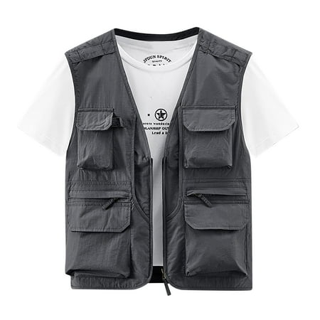JUUYY Men s Quick Fishing Vest Multi Pockets Breathable Utility Photo Safari Work Travel Vest Outdoor Sleeveless Jacket Gray XXXXL