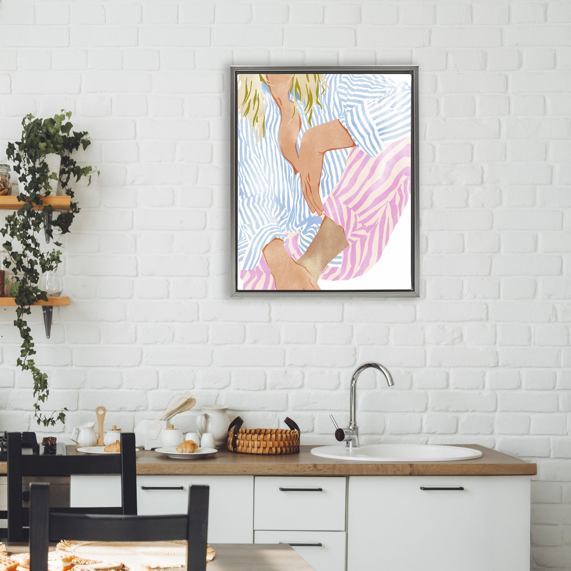 Woman in Pastel Stripes Gray Framed Floater Canvas Wall Art, design by Ziwei Li