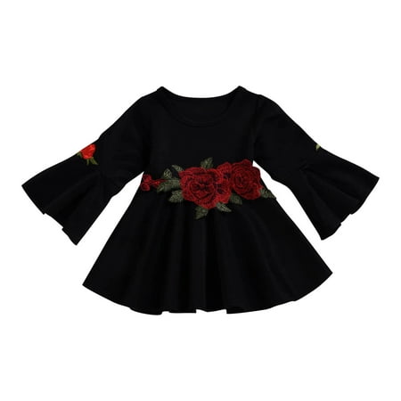 

Efsteb Toddler Baby Girl Dress Fashion Cute Kids Girls Dresses Casual Round Neck Solid Color Trumpet Long Sleeves Embroidered Flowers Top Dress Black 6-12 Months