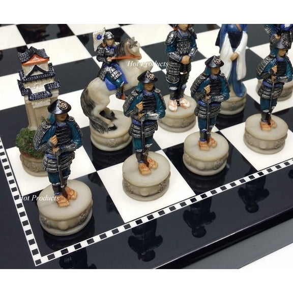 Japanese Samurai Warrior Chess Set BLACK  WHITE GLOSS BOARD 15" oriental