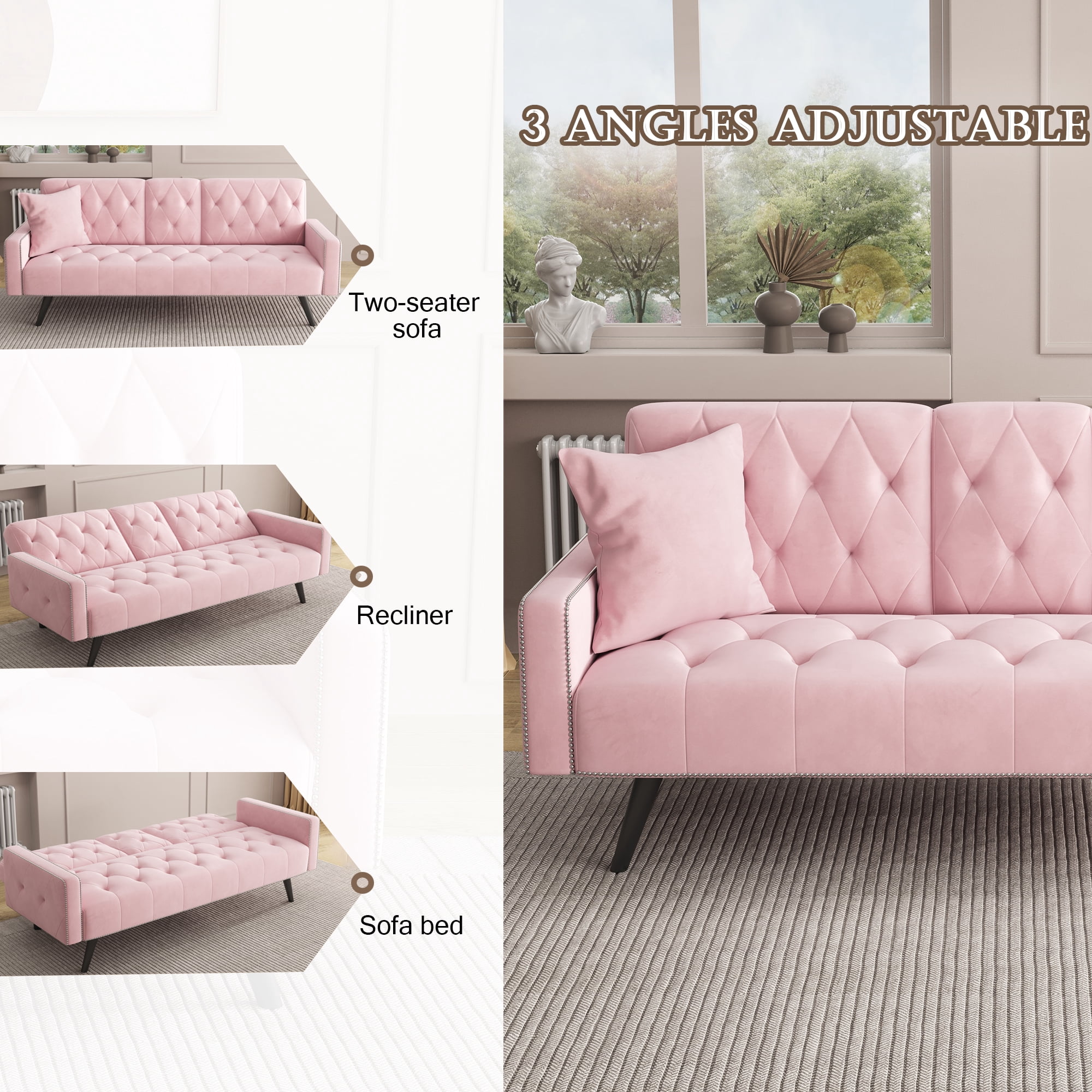 Euroco Velvet Convertible Sofa Bed with Tufted Backrest, Nailhead Trim, and Adjustable Positions – Modern Sleeper Couch for Living Room or Apartment