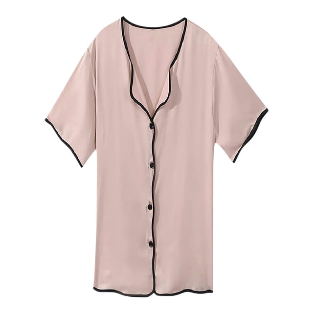 Timegard Chemises de Nuit pour Femmes Satin Col en V Échancré Boutonné Manches Courtes Tenue de Nuit Confortable Courte Robe de Nuit