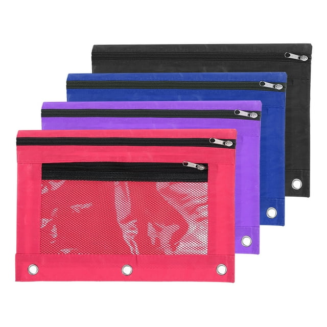 Unique Bargains Pencil Pouch for 3 Rings Binder, 4 Pack Oxford Mesh Zipper Binder Pouch Pencil Case Black/Rose Red/Blue/Purple