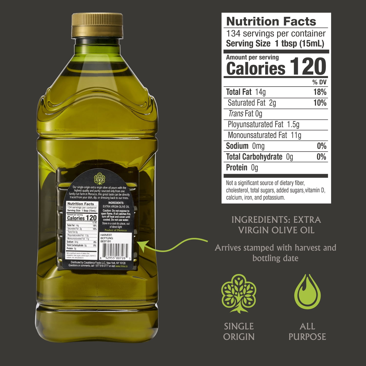 Mina Moroccan Olive Oil Extra Virgin, 68 fl oz, High Polyphenol Olive Oil, Single Origin Olive Oil
