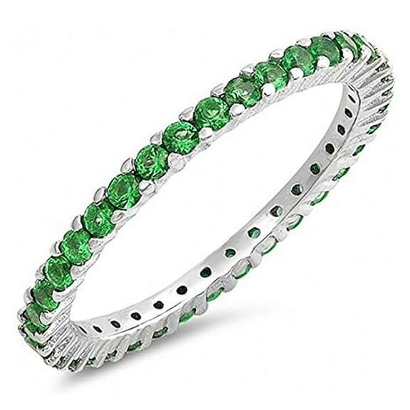 Round 2 mm Green Emerald Full Eternity Band Ring Dainty Stackable Ring 925 Sterling Silver Gemstone Jewelry For Women Gift
