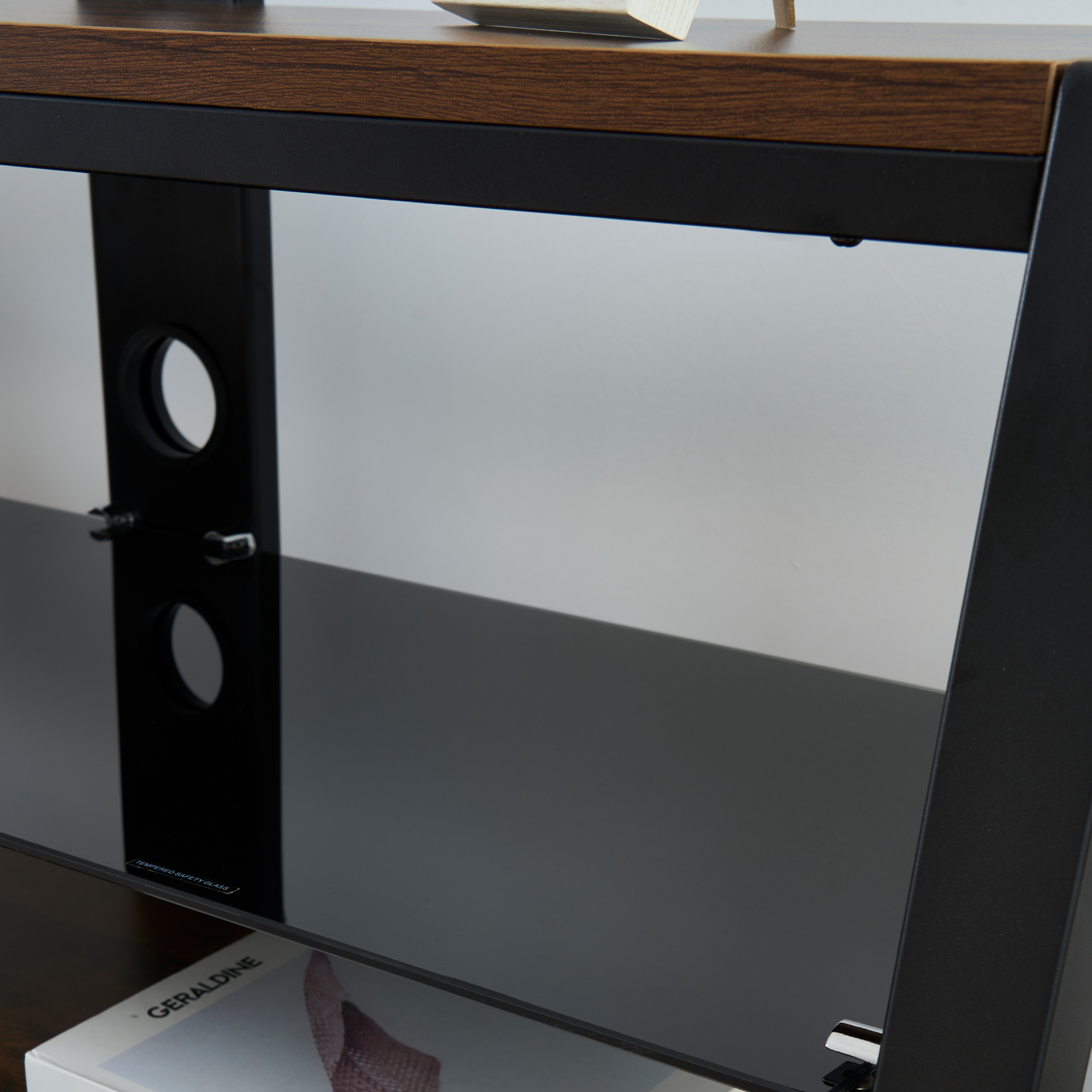 Wooden Storage TV Stand Black Tempered Glass Height Adjustable Universal Swivel Entertainment Center With Mount TV Stand, Rustic Browm