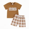 thumbnail image 2 of Xudanell Toddler Baby Boys Western Outfits Embroidery Short Sleeve T Shirt and Plaid Shorts Sets 2pcs Dad Mom Boy Matching Outfit Brown 6-9 Months, 2 of 4