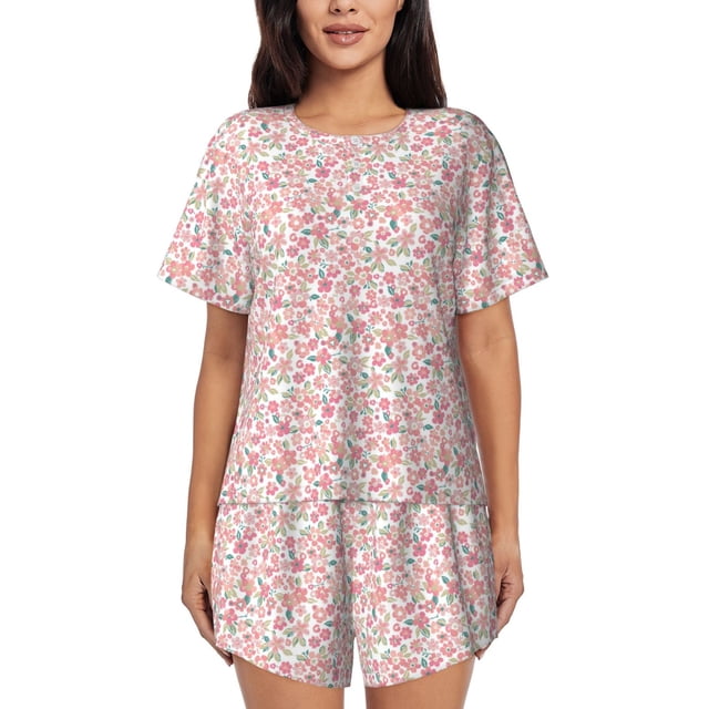 Vsdgher Pyjama Rétro à Motif Floral pour Femmes, Ensemble de Nuit 2 Pcs à Manches Courtes, Ensemble de Pyjama Doux d'Été, Ensemble de Détente Décontracté, 2 Pcs, Petit