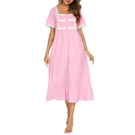 

Meterk Women Lounger Dress with Pockets Lace Ruffles Short Sleeved Loose Nightgowns Sleepwear