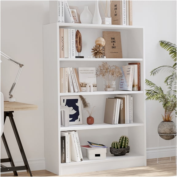JERFIT 4 Tier Bookshelf, 48 Inch Tall Wood Bookcase with Adjustable Shelves for Living Room, Bedroom & Office, White Modern Library Storage Shelf