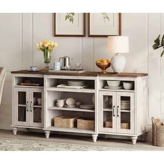 Large 70" Rustic White Buffet Sideboard Cabinet, 4 Clear Glass Doors Farmhouse Kitchen Storage Coffee Bar Credenza
