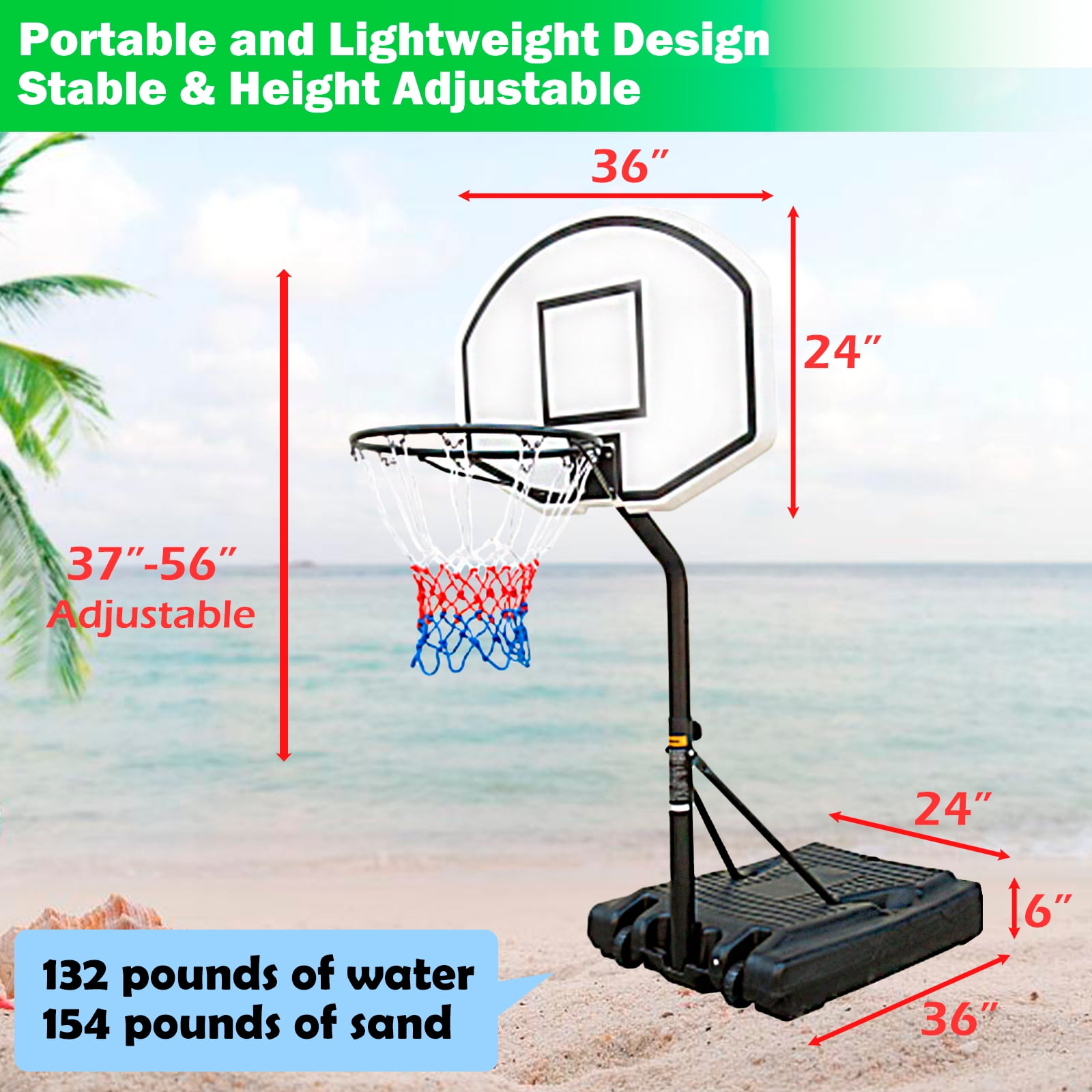 HooKung Portable Pool Side Basketball Hoops Height Adjustable 3.1ft-4.7ft Basketball System 35'' Backboard with Wheels for children Teenagers Youth Adults