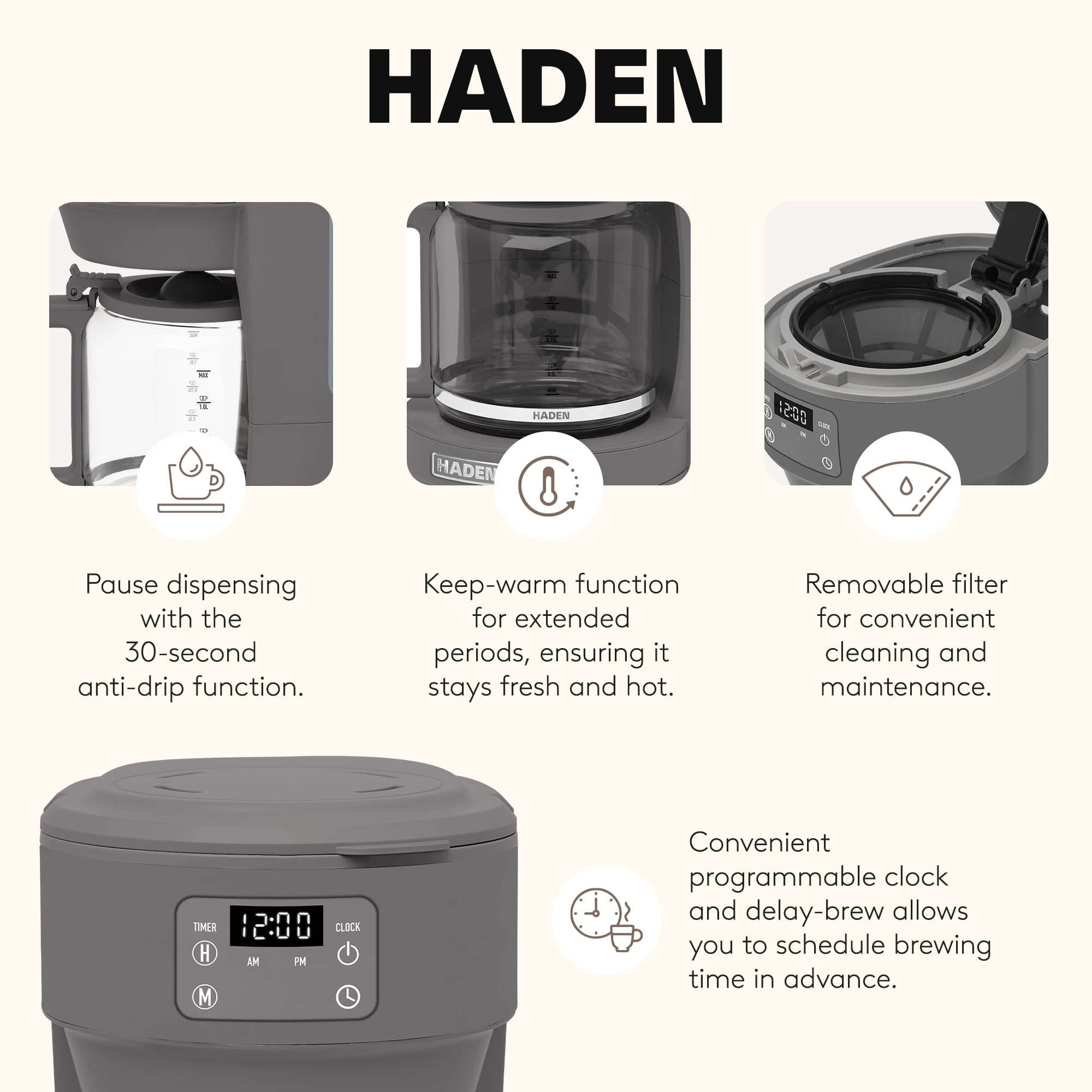 Haden Chelsea 10 Cup Digital Drip Coffee Maker with Glass Carafe, Grey