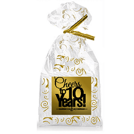 CakeSupplyShop Item#010CTC 10th Birthday / Anniversary Cheers Metallic Gold & Gold Swirl Party Favor Bags with Twist