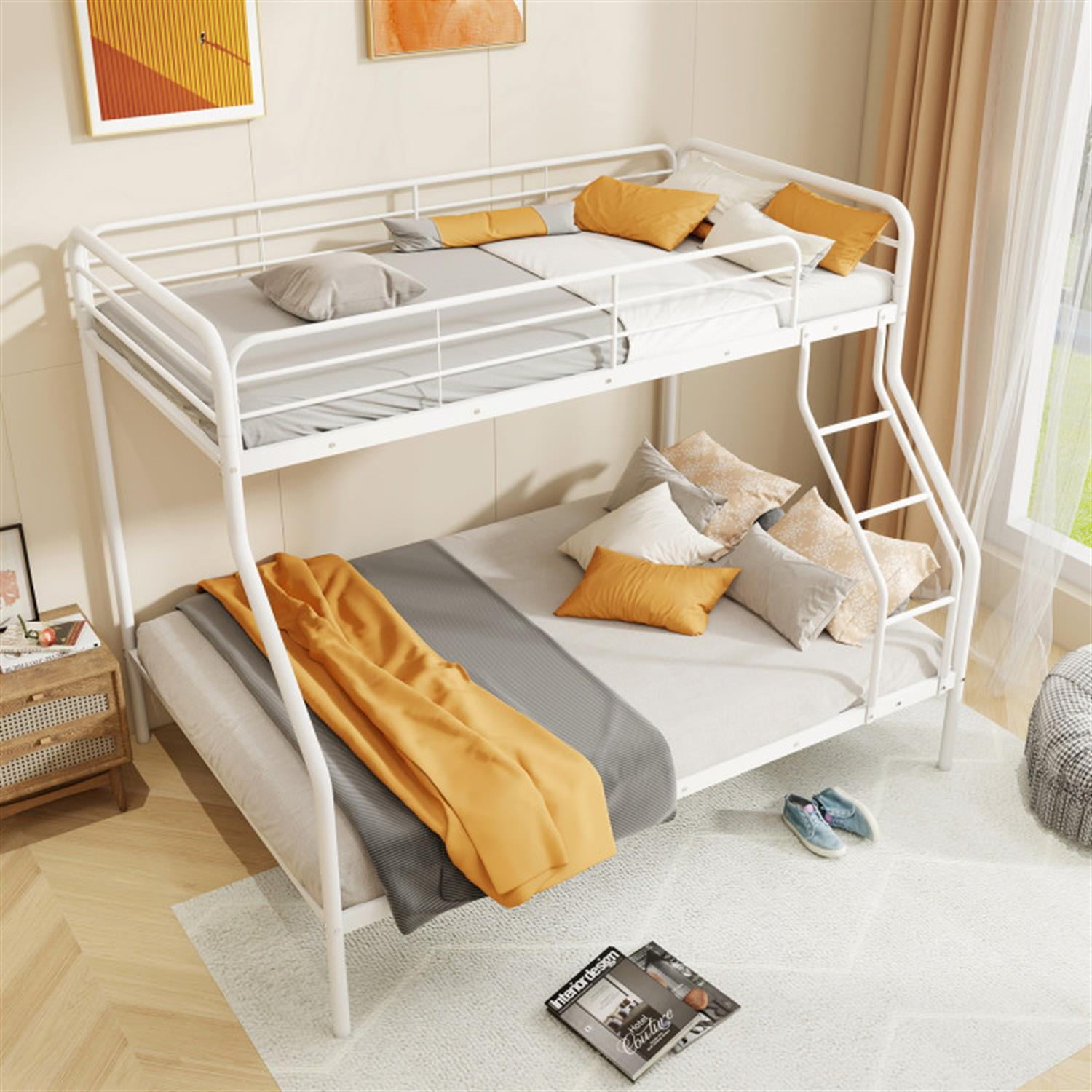 Demi Bonn Twin Over Full Bunk Bed with Ladder and Full-length Guardrails, Metal Bunkbeds for Bedroom, No Box Spring Needed, White