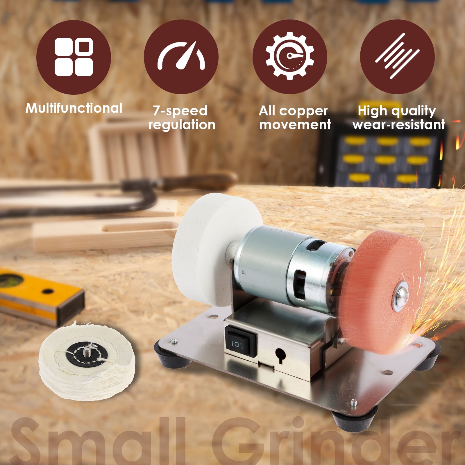 Small Table Grinder Multifunctional Electric Benchtop Sander 7 Speed Adjustable Polishing Buffing Sanding Machine Low Noise Drilling Grinder Machine with Double Grinding Wheel