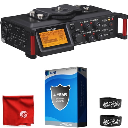 Tascam DR-70D 6-Input / 4-Track Portable Field Recorder Onboard Omni Microphones Bundle with 4-Year Full Coverage Extended Warranty, 2x Cable Ties and Microfiber Cloth
