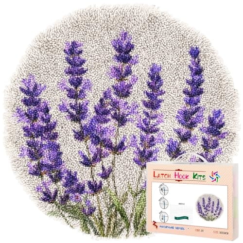 Latch Hook Rug Kit Lavender Flower Stamped Handmade Round Shape Carpet Crochet Yarn Craft DIY Hook and Latch Door Mat Tapestry for Christmas Home Floor Decor 50x50cm(1)
