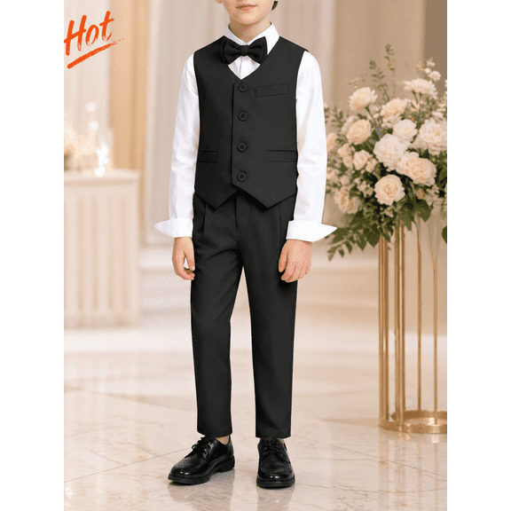 Xdegoge Boys Formal Vest Suit Slim Fit Sleeveless Button-Up Vests and Trousers 3 Piece Sets with Bowtie Wedding Ring Bearer Performance Dress Wear, 1T-13Y