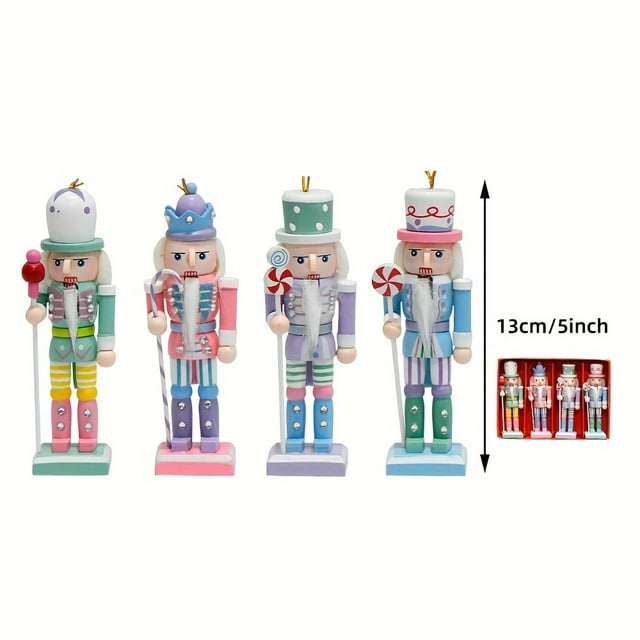 Set of Four 5-inch Nutcracker Puppet Men - Colorful Candy Colored Christmas Holiday Pendant Decorations for Tree or Home