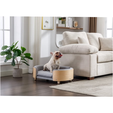 JERFIT Scandinavian Pet Sofa Bed with Wood Legs & Removable Velvet Cushion, Waterproof & Washable Mid-Century Modern Dog Bed for Small Medium Dogs, Light Grey
