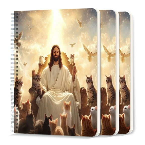 Spiral Journal Notebook,50 Sheets A5 College Ruled Notebook/Journal 3 Pcs for School Office Home - Jesus Sitting on The Heaven With Cats