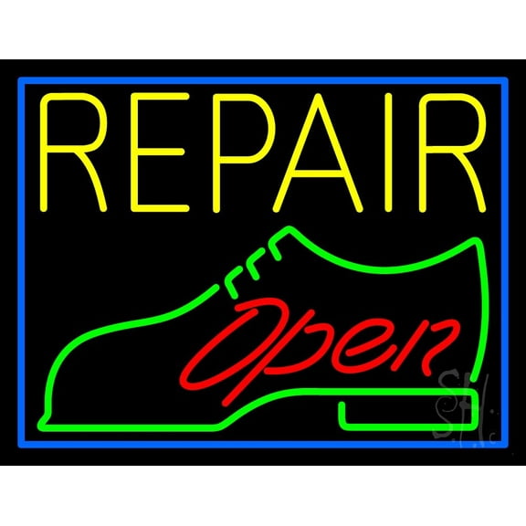 Yellow Repair Shoe Logo Open LED Neon Sign 24 x 31 - inches, Black Square Cut Acrylic Backing, with Dimmer - Bright and Premium built indoor LED Neon Sign for store interior Décor, Storefront.