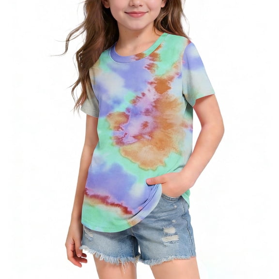 Short Sleeve T-Shirt for Girls Classic Abstract Tie Dye Print Crew Neck Top Daily School Play Summer Casual Retro Style for Teen