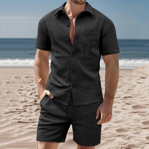 Maqroz Men's 2-Piece Short Sleeve Button Front Shirt with Shorts Casual Summer Outfit for Beach Vacation Holiday Party Outdoor Daily Activities Wear