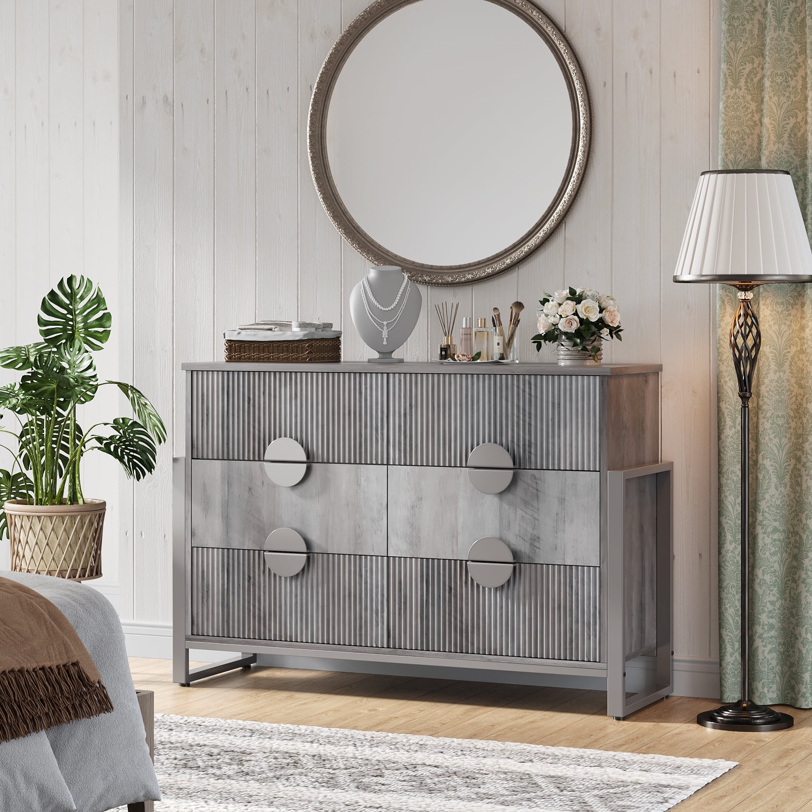 Holliwill 6 Drawer Dresser for Bedroom, Fluted Dresser Chest of Drawers for Living Room, Hallway, Gray