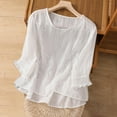 thumbnail image 2 of Women Cotton Linen Shirt Blouse V/Round Neck 3/4 Ruffle Sleeve Summer Fall Retro Embroidered Casual Loose Pleated Tunic Tee Tops,White,M, 2 of 5