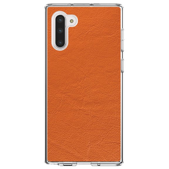 DistinctInk Clear Shockproof Hybrid Case for Samsung Galaxy Note 10 (6.3" Screen) - TPU Bumper, Acrylic Back, Tempered Glass Screen Protector - Orange Faux Leather Print Design - Printed Leather Image