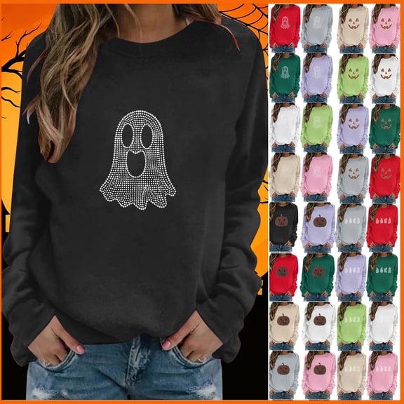 Jovrlynd Womens Halloween Sweatshirts Long Sleeve Crewneck Rhinestone Ghost Graphic Casual Fall Holiday Pullover Tops, S-2XL