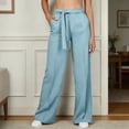 thumbnail image 2 of Rggeeun Womens Pants Solid Color Elastic High Waist Wide Leg Ankle Length Soft Relaxed Fit With Adjustable Sashes Belt & Side Pockets For Summer Vacation Beach Classic Bottoms,Light Blue,Xxxl, 2 of 5