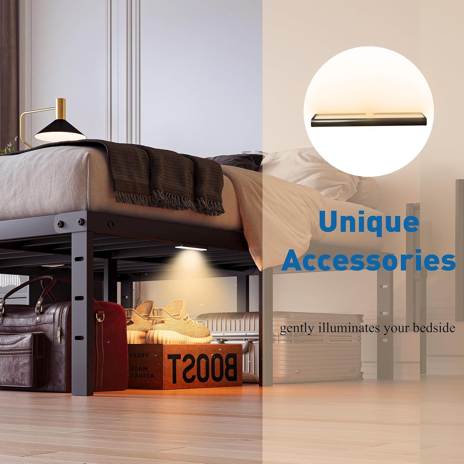 20 Inch Tall Bed Frame Queen Size with LED Night Light, Metal Platform Bed Frame Queen Storage Space Under The Bed, No Box Spring Needed, Easy Assembly, Heavy Duty, Noise-Free, Black