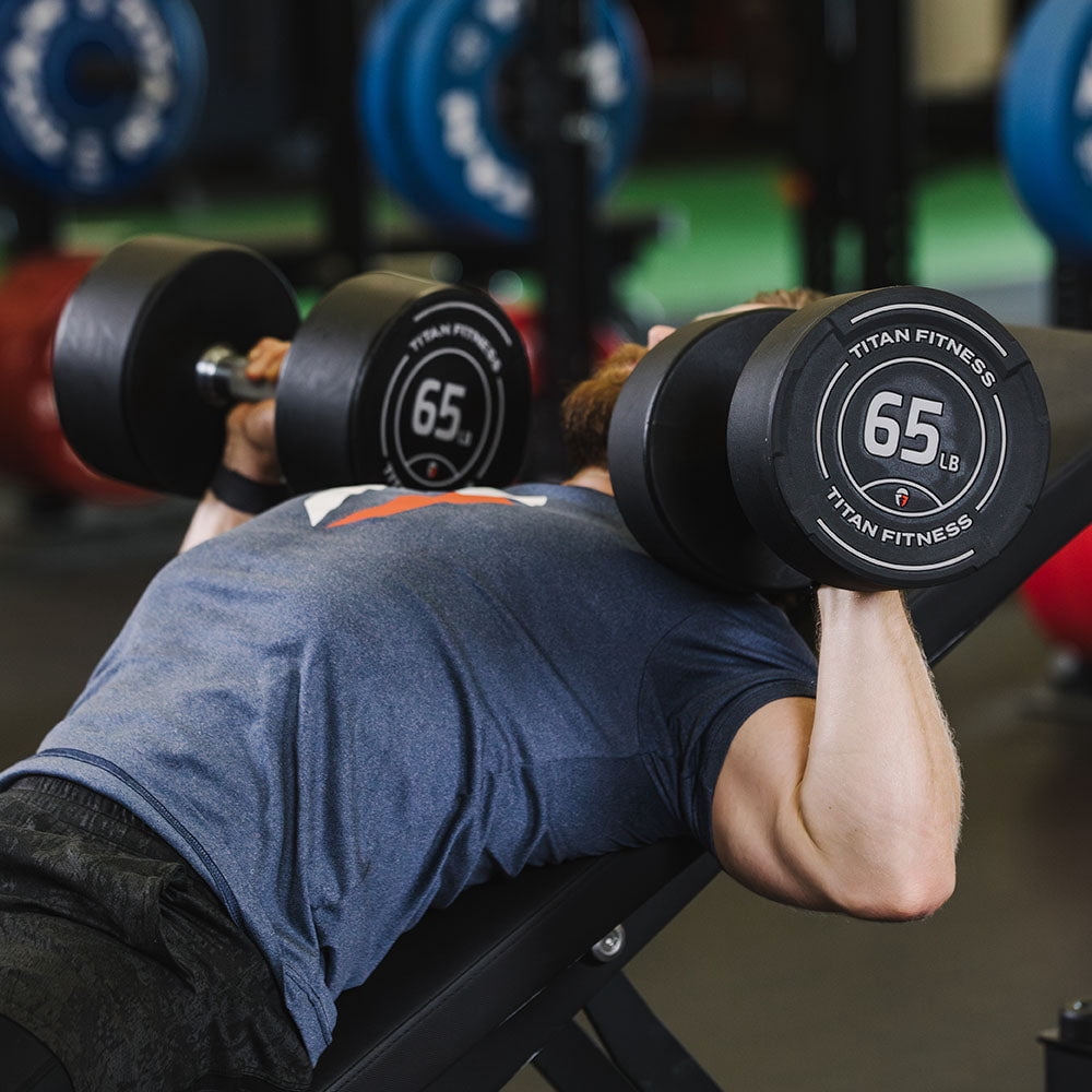 Titan Fitness 35 LB Set Round Urethane Dumbbells, Medium Volcano Knurling, 32mm Grip, Easy-to-Read Weight Indicators, Free Weights for Strength Training