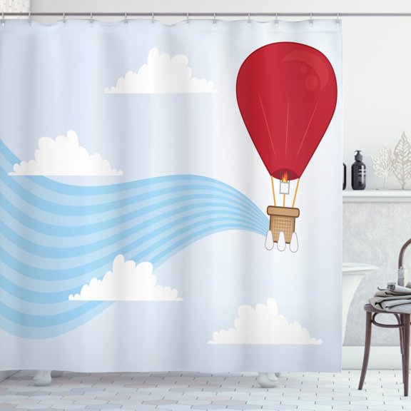 Adventure Shower Curtain, Interpretation of a Hot Air Balloon Floating in a Cloudy Outdoor Sky Scene, Fabric Bathroom Set with Hooks, 69W X 75L Inches Long, Multicolor, by Ambesonne