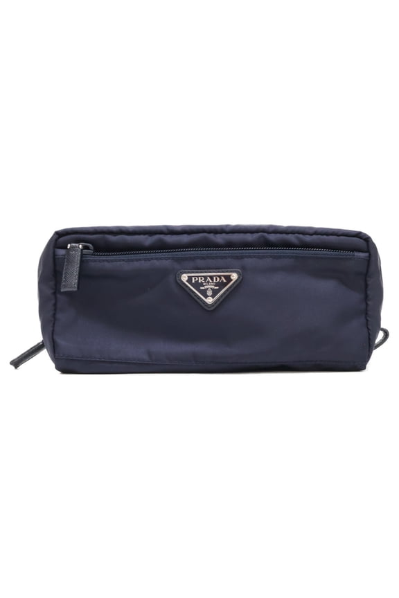 Pre-Owned PRADA 2NA028 Nylon Leather Triangle Logo Plate Travel Pouch Navy Women's