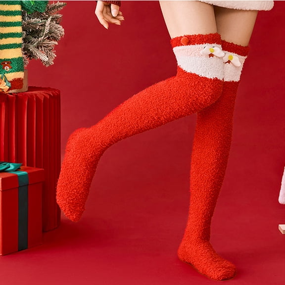 SwiftWear Womens Christmas Thigh High Fuzzy Socks Winter Warm Over Knee High Stockings Cute Cartoon Design Stripe Leg Warmers,Xmas Gifts, Red