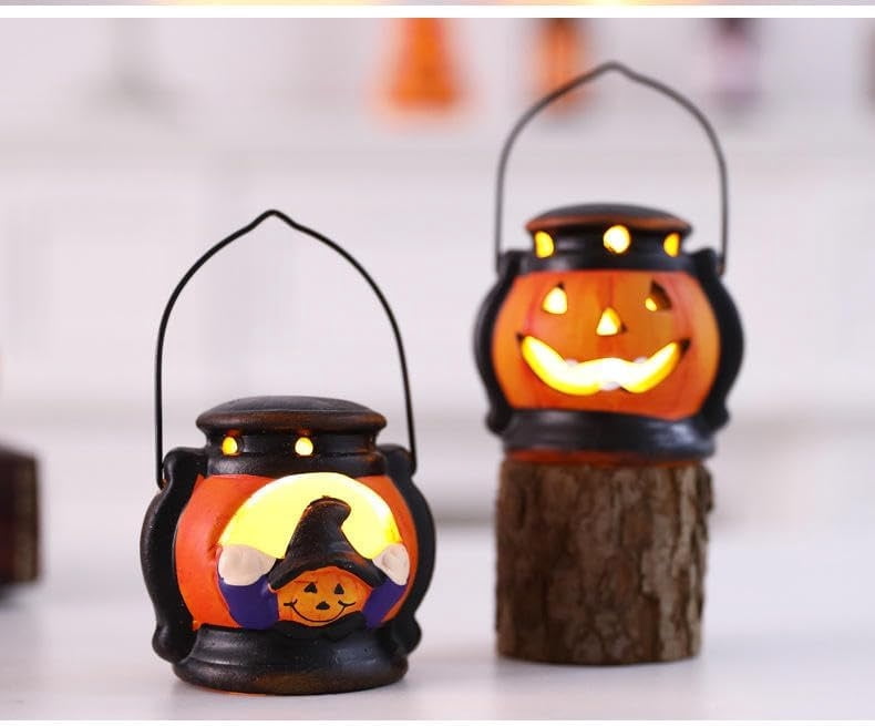 Set of 4 Light Up Ceramic Pumpkin Skull Figurines for Halloween Table Decor
