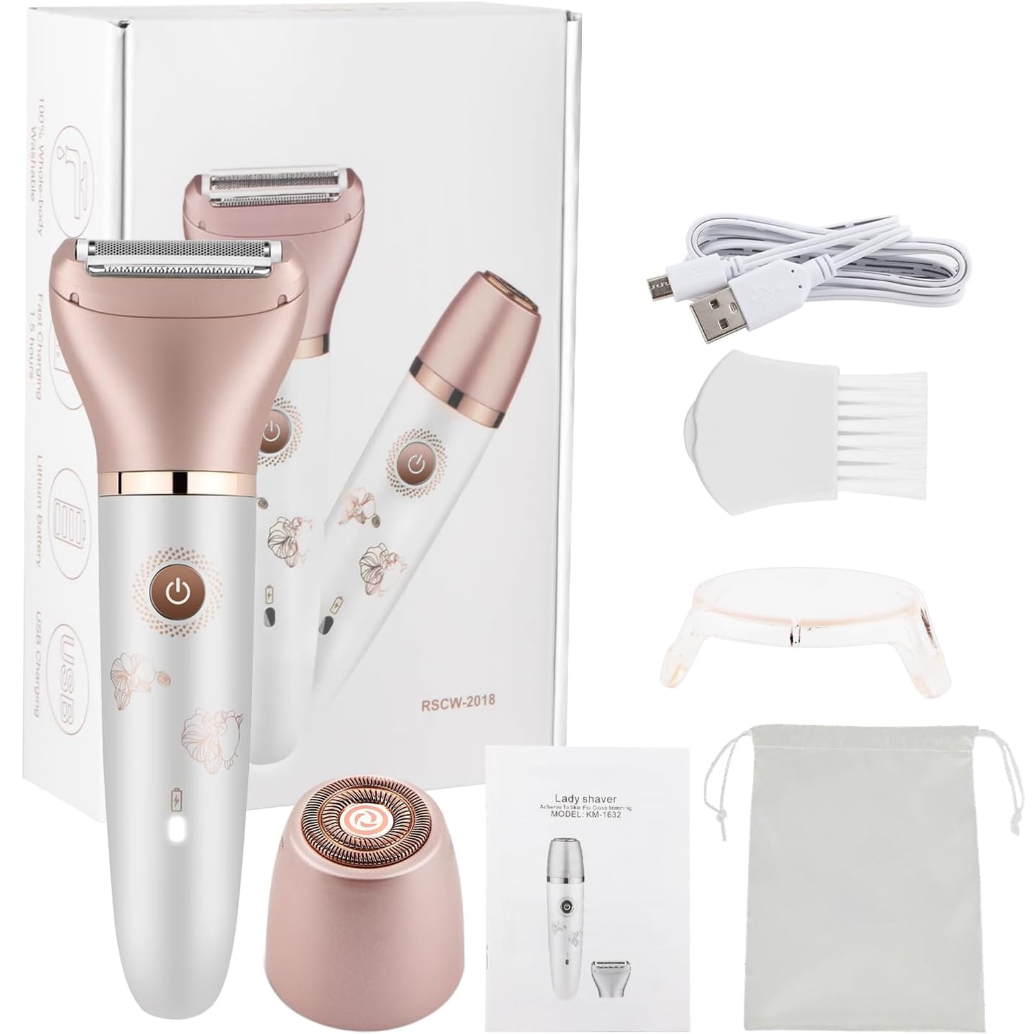 Wiher Electric Razor for Women, 2-in-1 Women Shaver Wet & Dry Painless Hair Removal Razor, Waterproof Body Hair Remover for Face Legs Underarms, Cordless Bikini Trimmer for Women (Rose Gold)