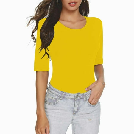 Sales Today Clearance Womens Basic Short Sleeve Slim Fit T Shirts Ndbuld Women s Casual Solid Color Short-Sleeved Crew-Neck Top Yellow XL