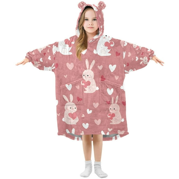 FORMRS Wearable Blanket Hoodie with Sleeves for Kids Cozy Flannel Sweatshirt, Bunny Love Blooms