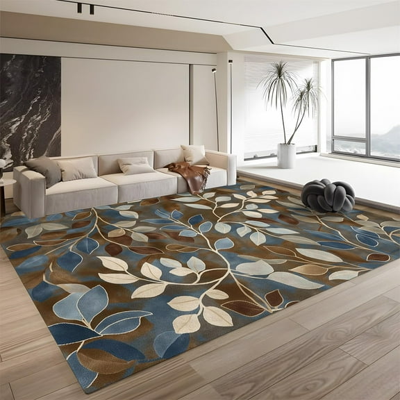 Brown Blue Interlaced Leaves Area Rug Non-Shedding & Stain Resistant Carpet For Living Room, Office Bedroom Children's Bedroom Decoration