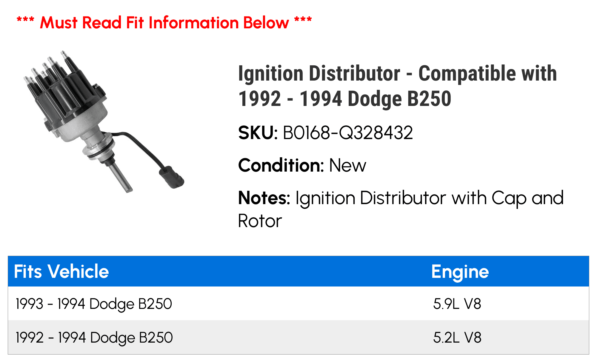 Ignition Distributor - Compatible with 1992 - 1994 Dodge B250 1993