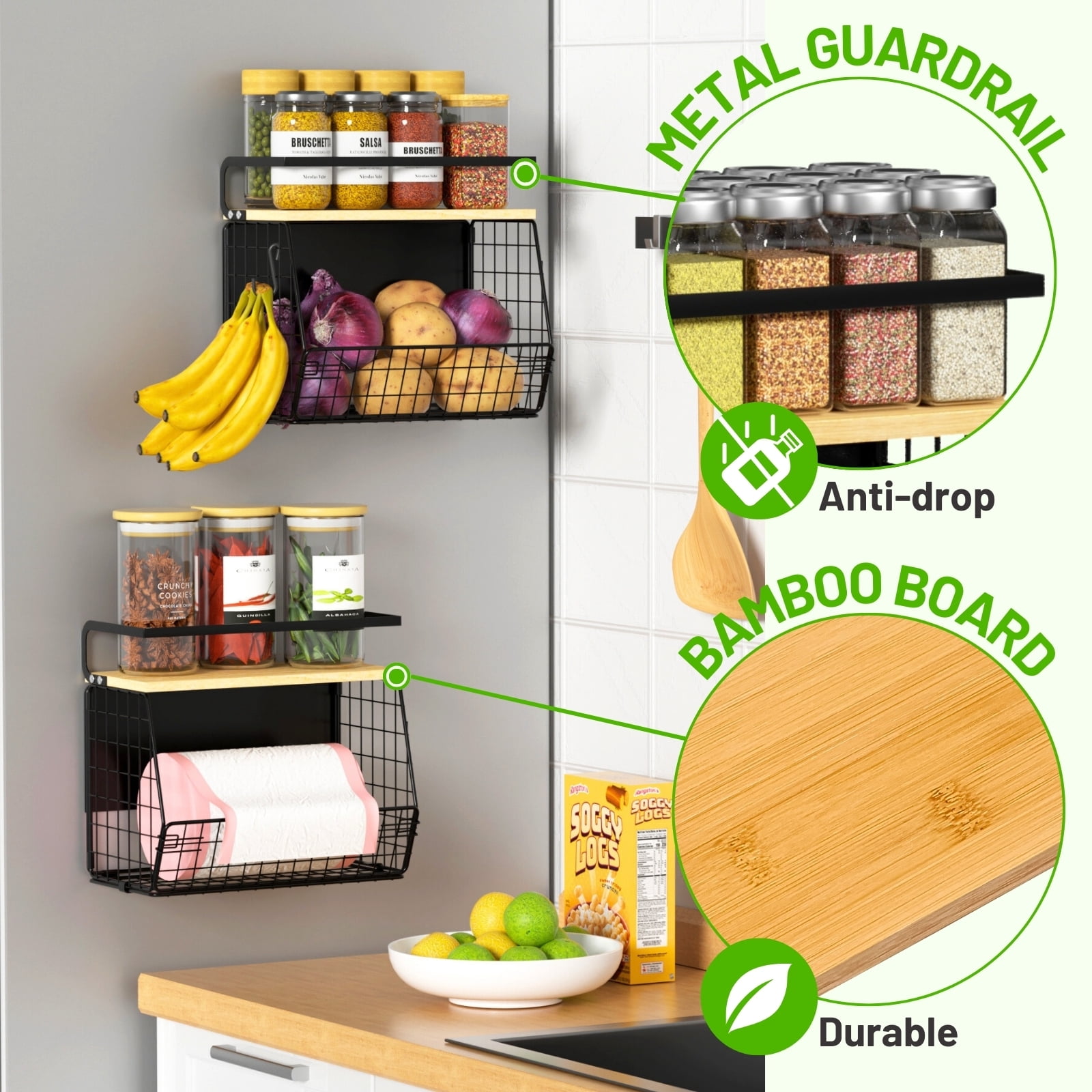 Ofiray-home Magnetic Shelf for Fridge with Wood Lid, Fruit Potato and Onion Storage Bins, Pantry Organizers & Storage, Large Container Magnetic Spice Rack for Refrigerator, Kitchen Counter (Black, 1)